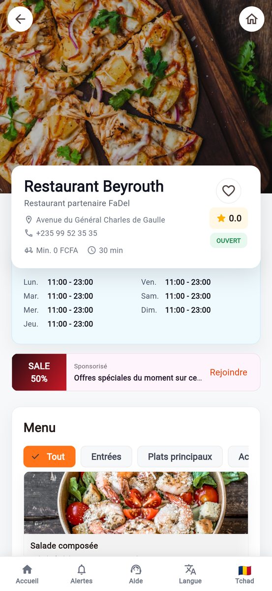 Fiche d'un restaurant partenaire dans l'application FaDel