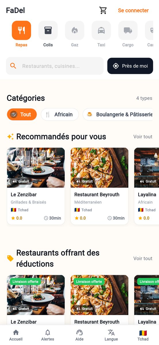 Liste des restaurants dans l'application FaDel